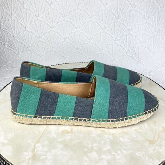 J. Crew Flats Women 8 Navy Green Kely Stripe Canvas Slip On Nautical Espadrilles - Picture 1 of 14